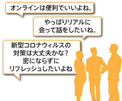 オンラインは便利でいいよね。
		やっぱりリアルに会って話をしたいね。
		新型コロナウイルスの対策は大丈夫かな？密にならずにリフレッシュしたいよね